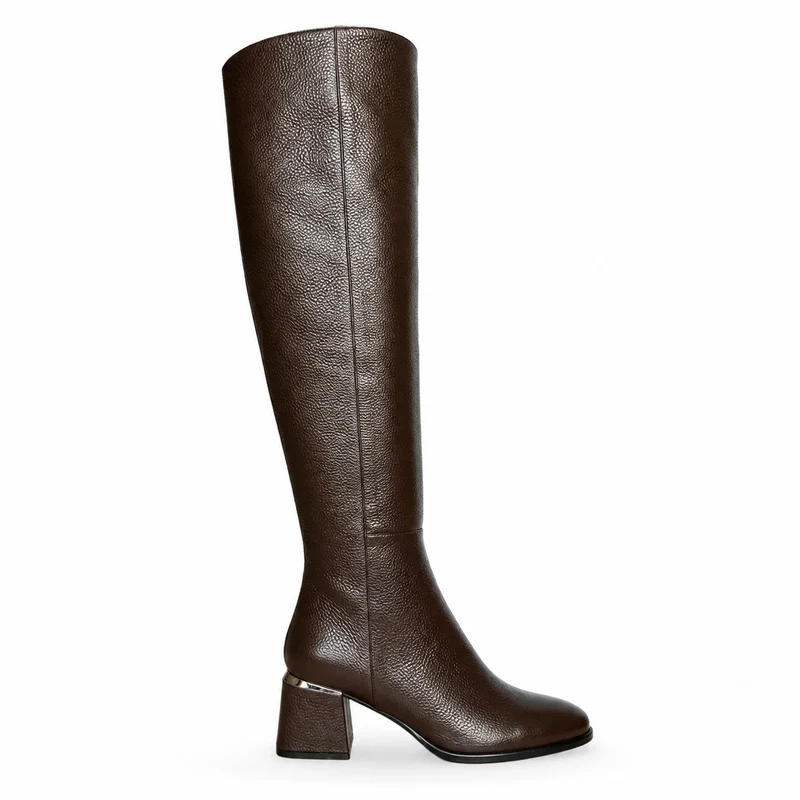 Grace Stiefel – Damen Overknee Stiefel Dunkelbraun Leder Blockabsatz Klassisch