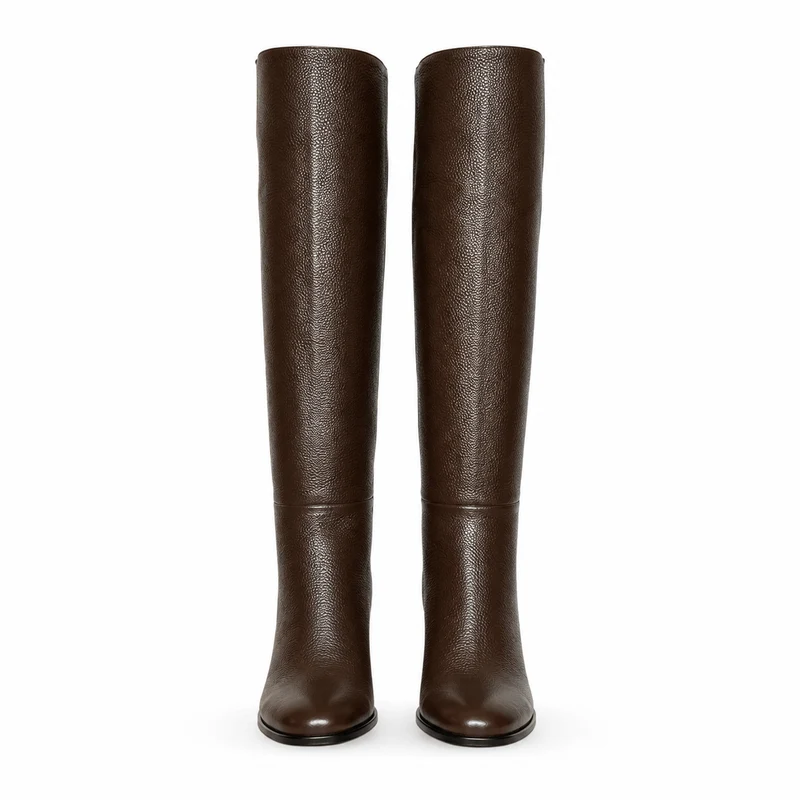 Grace Stiefel – Damen Overknee Stiefel Dunkelbraun Leder Blockabsatz Klassisch