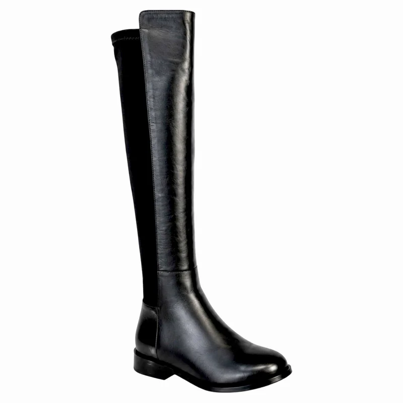 Jonna Boots – Damen Overknee Stiefel Schwarz Leder Flach Klassisch