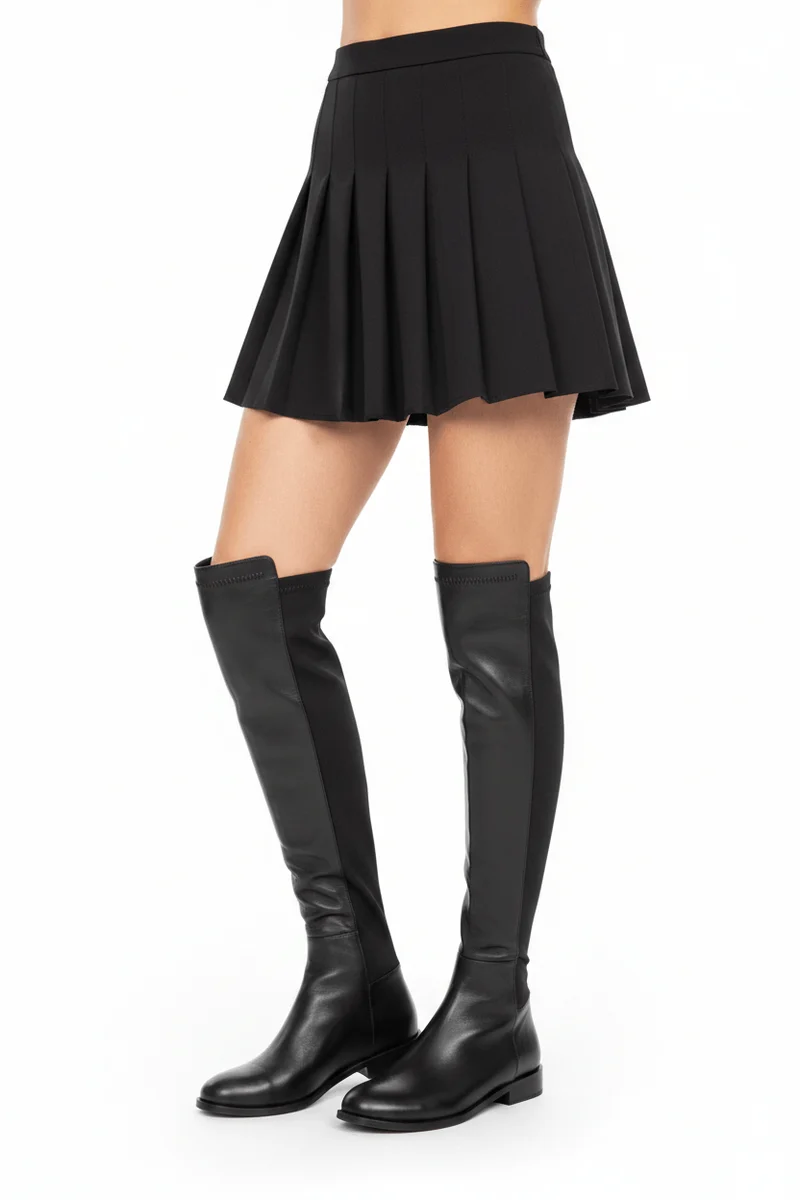 Jonna Boots – Damen Overknee Stiefel Schwarz Leder Flach Klassisch