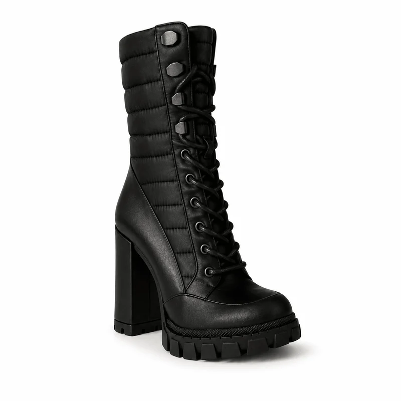 Rachel Boots – Damen Plateau Stiefeletten Schwarz Leder Schnürung Winterfest