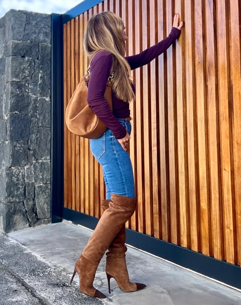 Bernie Boots – Damen Overknee Stiefel Cognac Suede Klassisch