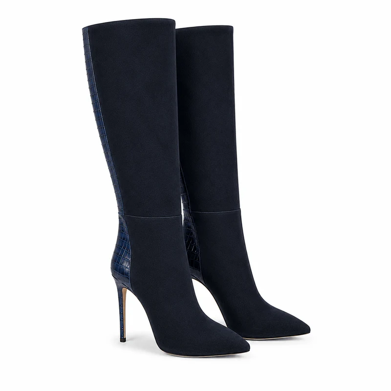 Navy Boots – Damen Stiefel Dunkelblau Suede High Heel Klassisch