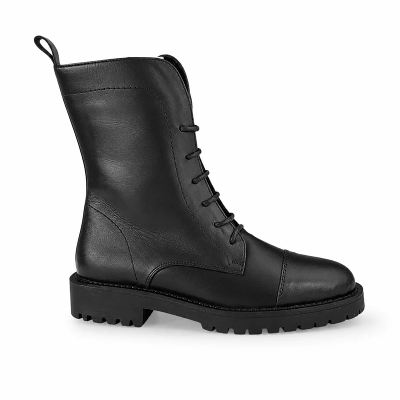 Nathaniel Boots – Damen Flache Stiefel Schwarz Leder Schnürung Klassisch