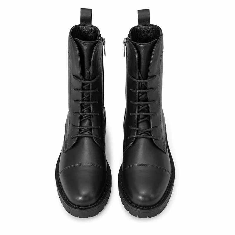 Nathaniel Boots – Damen Flache Stiefel Schwarz Leder Schnürung Klassisch