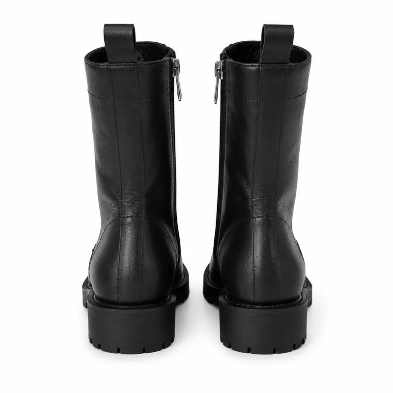 Nathaniel Boots – Damen Flache Stiefel Schwarz Leder Schnürung Klassisch