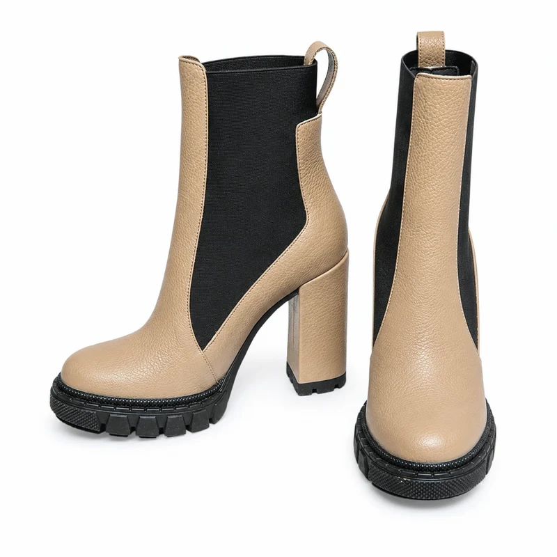 Tara Boots – Damen Plateau Stiefeletten Taupe Leder Winterfest