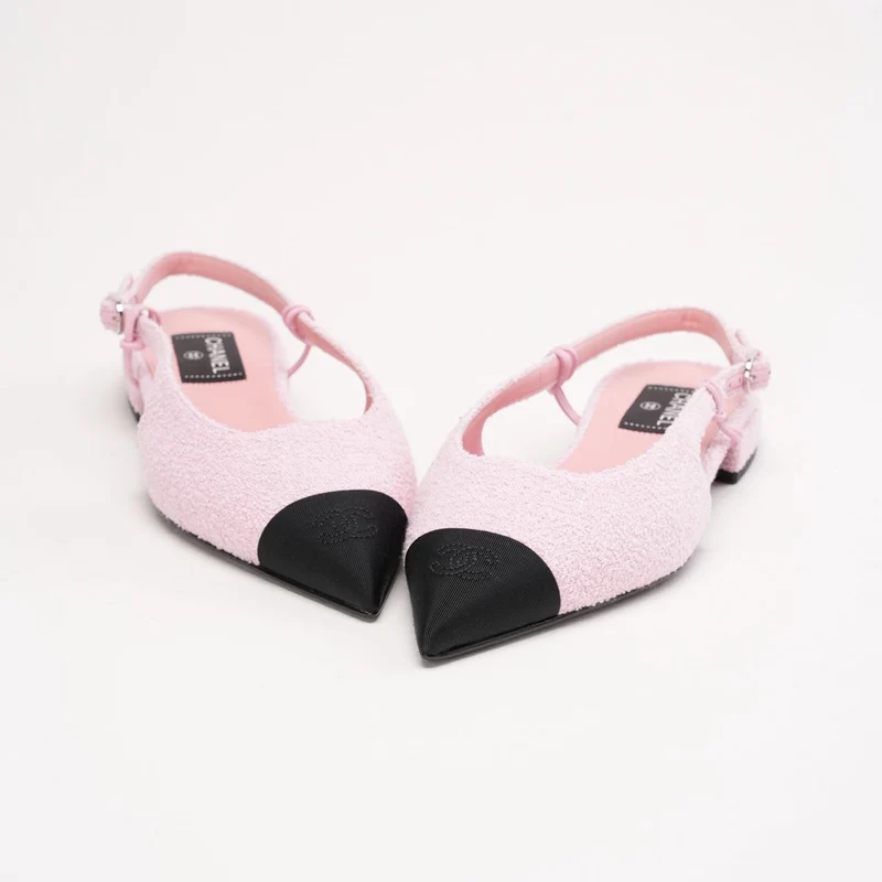 Chanel Pink Tweed Grosgrain Cap-Toe Pointed Slingback Flats Größe 39