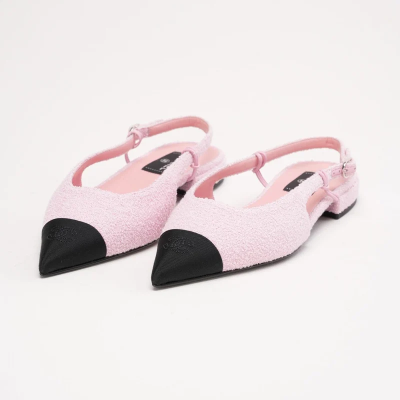 Chanel Pink Tweed Grosgrain Cap-Toe Pointed Slingback Flats Größe 39