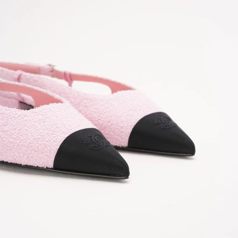 Chanel Pink Tweed Grosgrain Cap-Toe Pointed Slingback Flats Größe 39