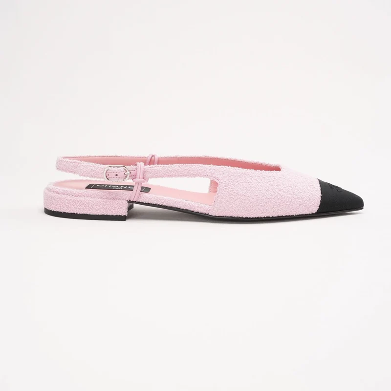Chanel Pink Tweed Grosgrain Cap-Toe Pointed Slingback Flats Größe 39