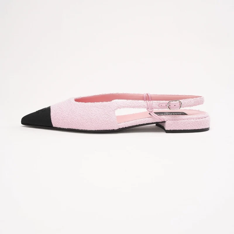 Chanel Pink Tweed Grosgrain Cap-Toe Pointed Slingback Flats Größe 39