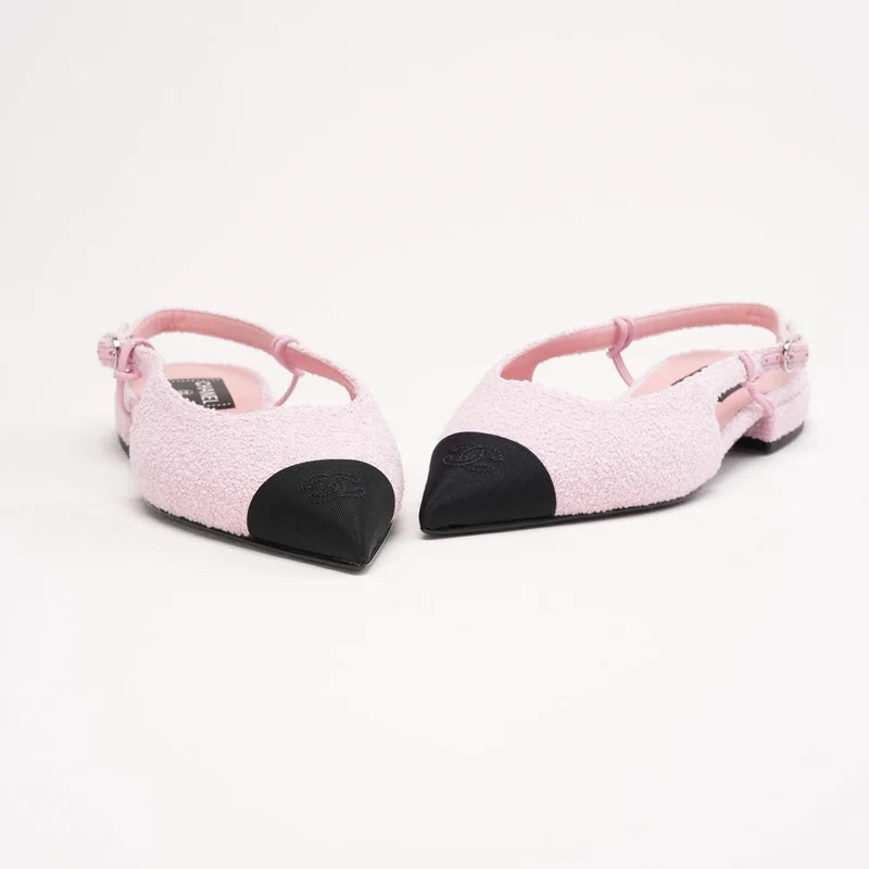 Chanel Pink Tweed Grosgrain Cap-Toe Pointed Slingback Flats Größe 39