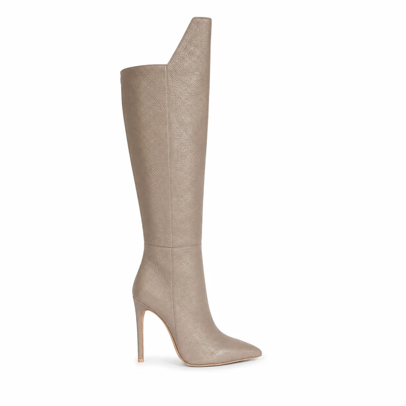 Letizia Boots – Damen Overknee Stiefel Taupe Leder Flach Klassisch