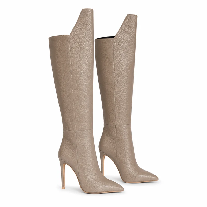 Letizia Boots – Damen Overknee Stiefel Taupe Leder Flach Klassisch