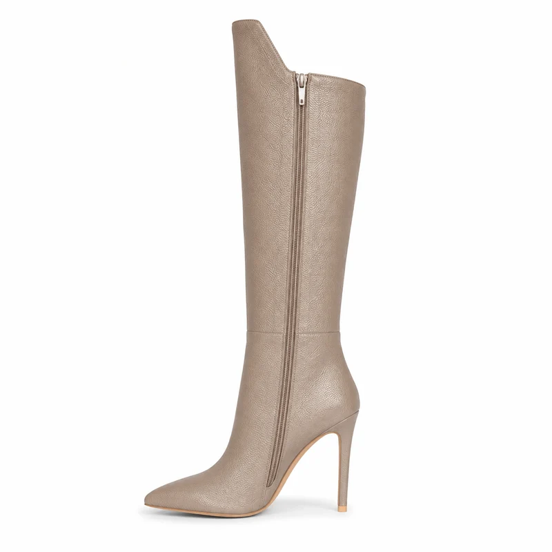 Letizia Boots – Damen Overknee Stiefel Taupe Leder Flach Klassisch