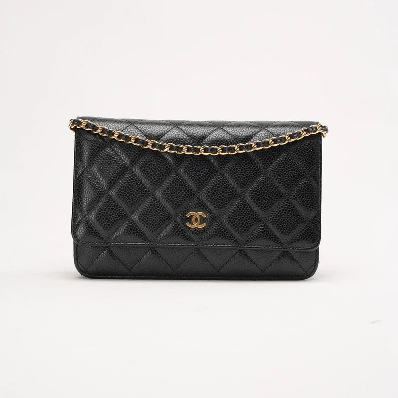 Chanel Schwarze klassische Brieftasche mit Kette (WOC) Caviar 2020
