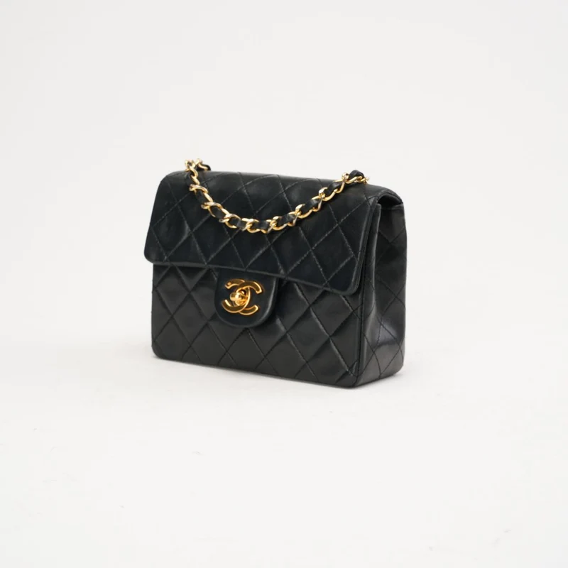 Chanel Vintage Mini Square Classic Flap, Lammleder, Schwarz, 1991