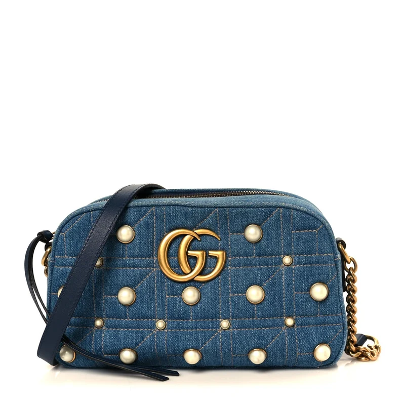 Gucci Denim Matelassé Perlenbesetzte kleine GG Marmont Kette Blau