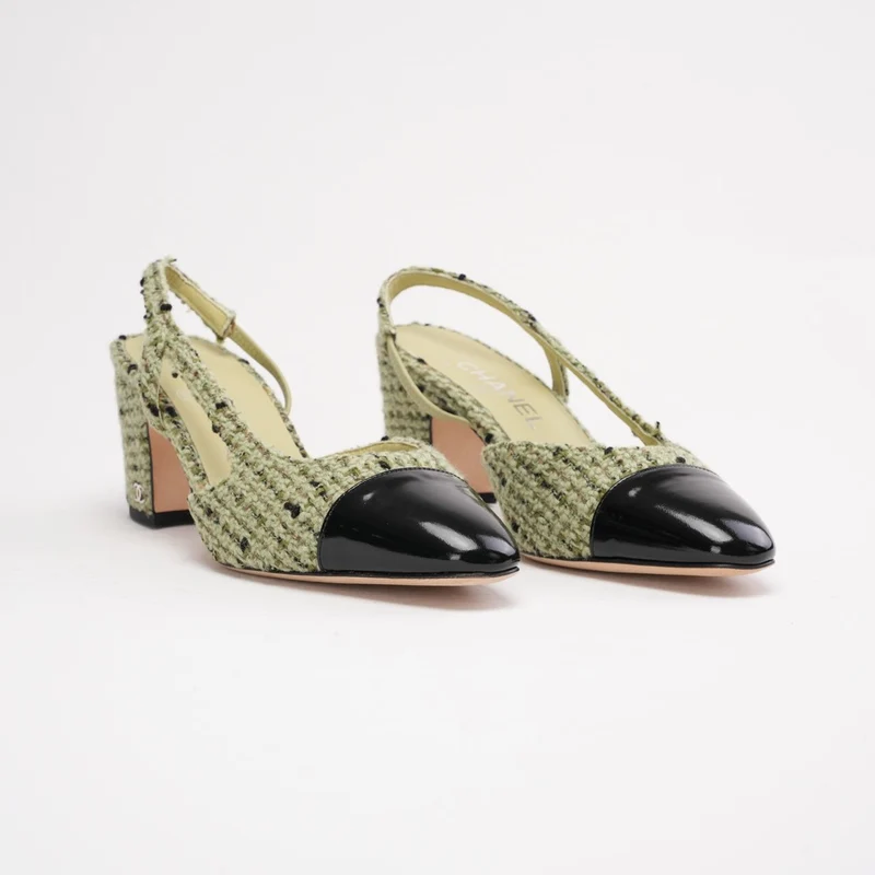Chanel Slingback-Sandalen, Tweedgrün, schwarzes Lackleder, Kappe, Größe 39