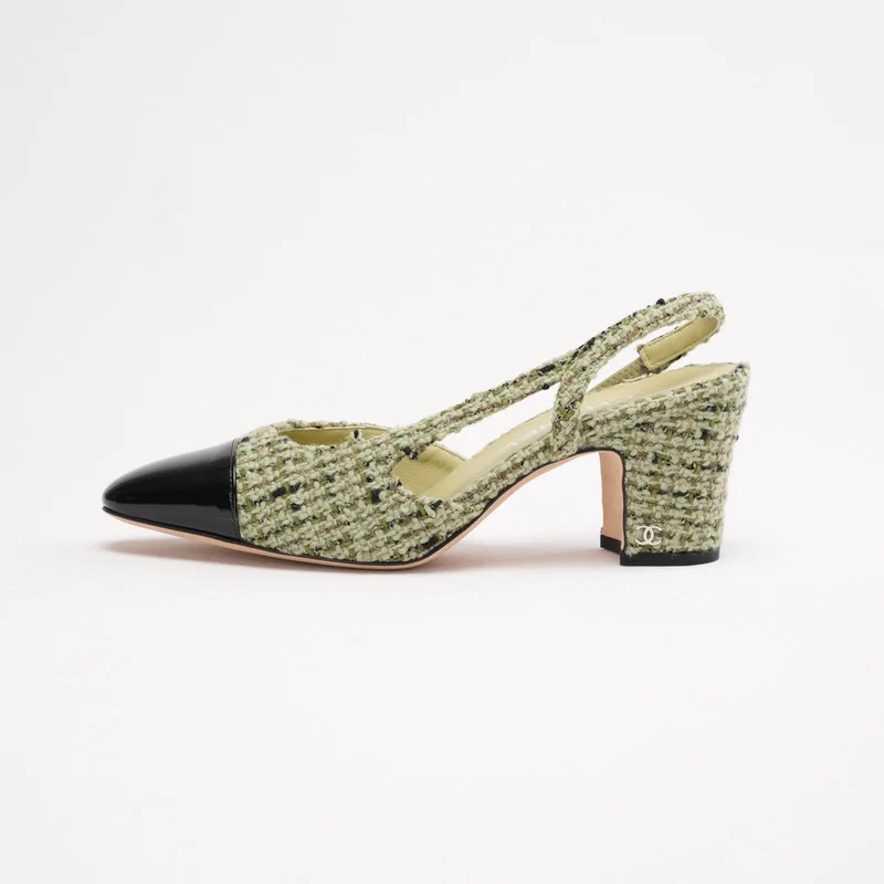 Chanel Slingback-Sandalen, Tweedgrün, schwarzes Lackleder, Kappe, Größe 39