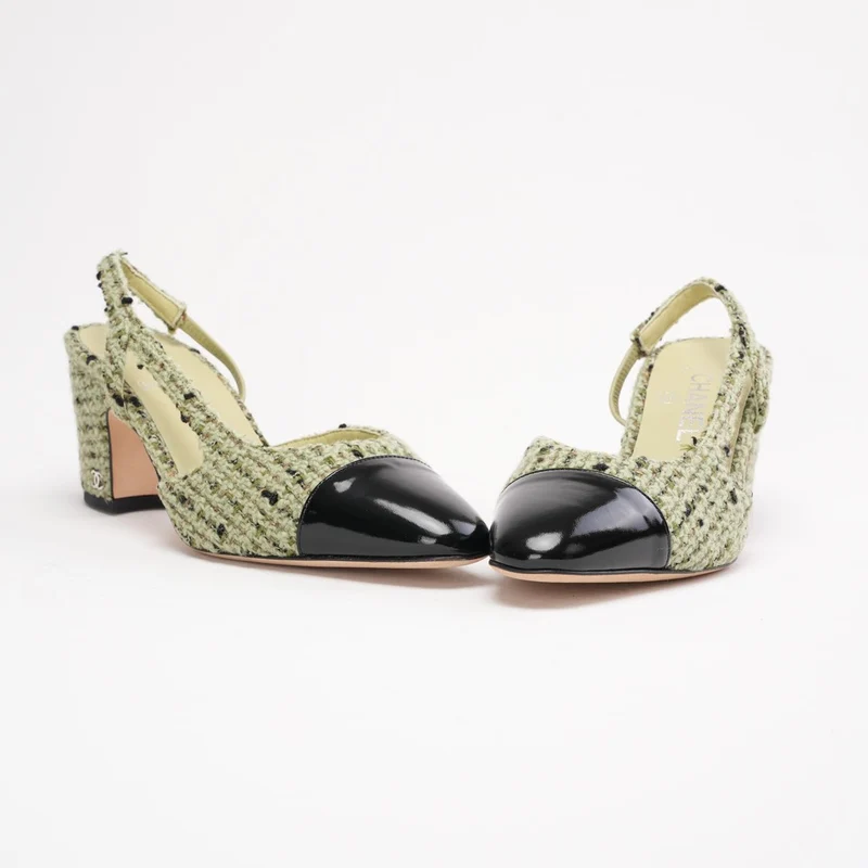 Chanel Slingback-Sandalen, Tweedgrün, schwarzes Lackleder, Kappe, Größe 39