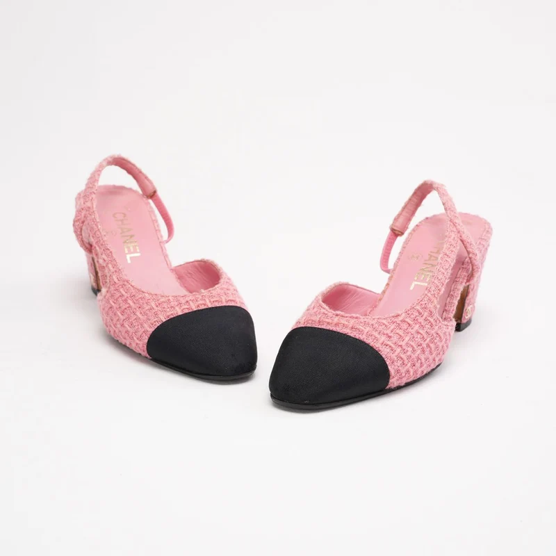 Chanel Slingback-Sandalen aus rosa-schwarzem Tweed, Größe 36.5