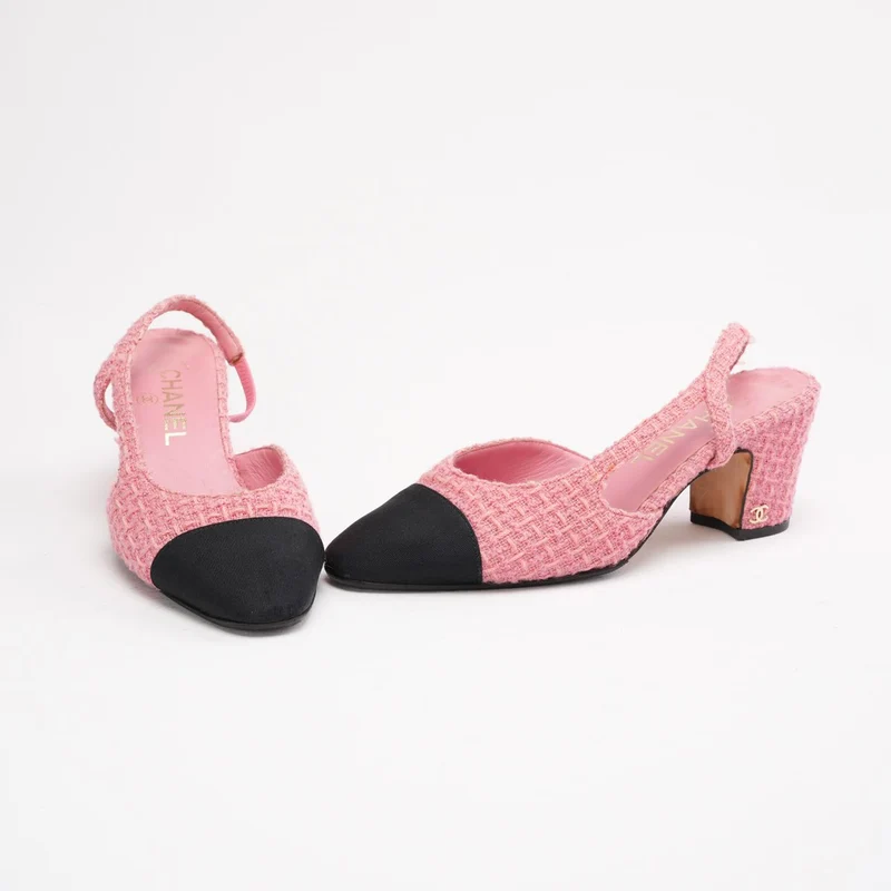 Chanel Slingback-Sandalen aus rosa-schwarzem Tweed, Größe 36.5