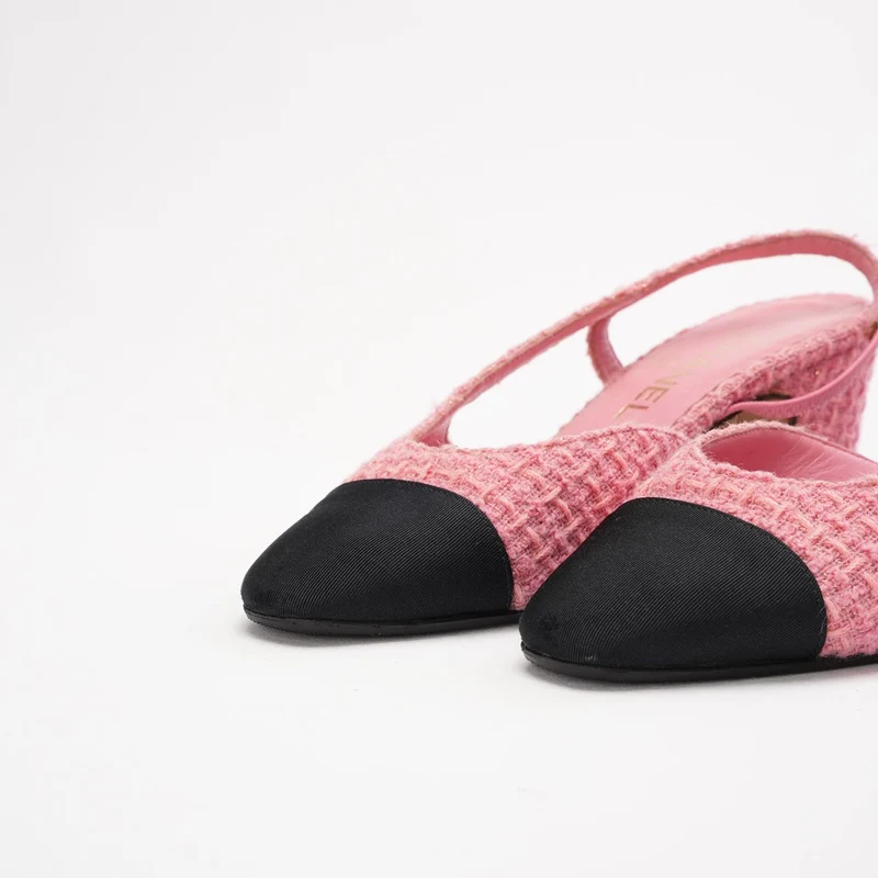 Chanel Slingback-Sandalen aus rosa-schwarzem Tweed, Größe 36.5