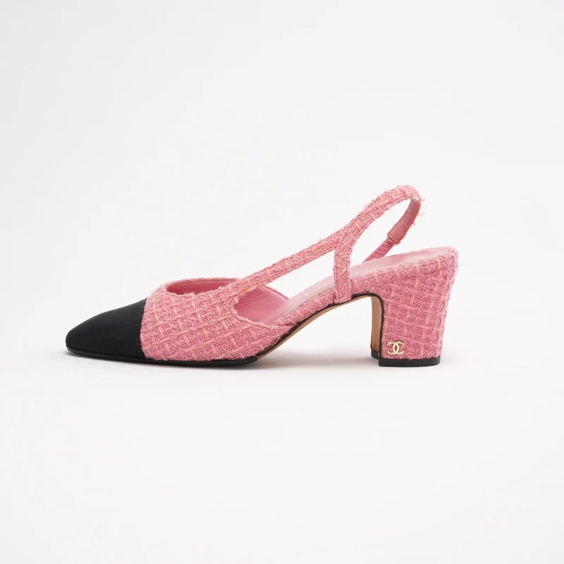 Chanel Slingback-Sandalen aus rosa-schwarzem Tweed, Größe 36.5