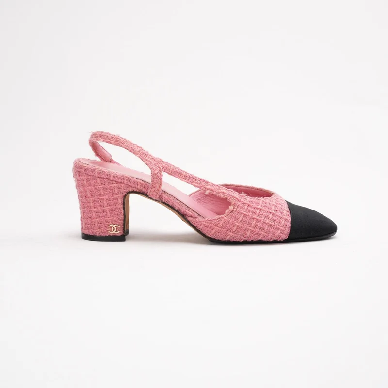 Chanel Slingback-Sandalen aus rosa-schwarzem Tweed, Größe 36.5