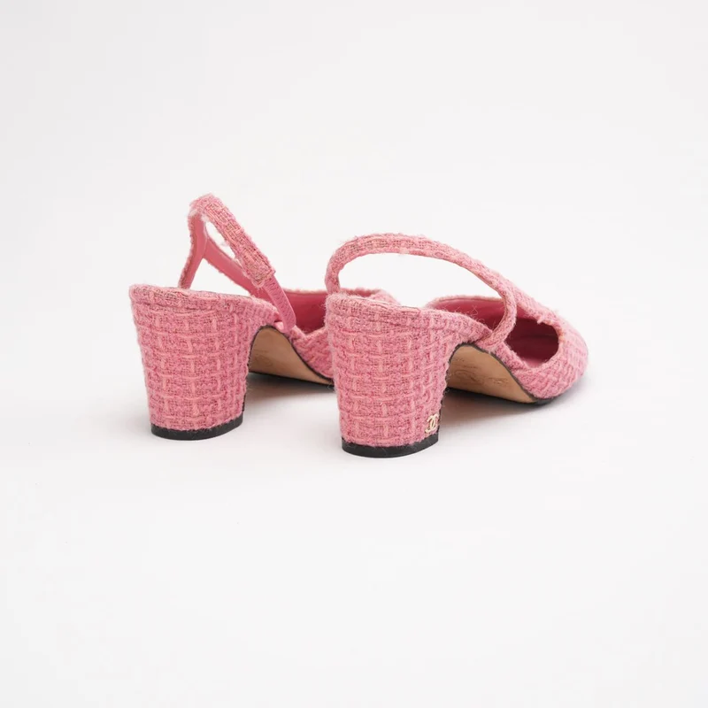Chanel Slingback-Sandalen aus rosa-schwarzem Tweed, Größe 36.5
