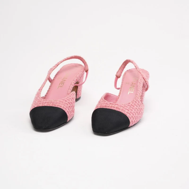 Chanel Slingback-Sandalen aus rosa-schwarzem Tweed, Größe 36.5