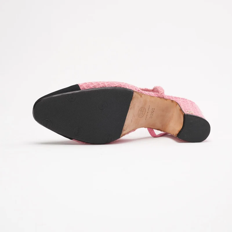Chanel Slingback-Sandalen aus rosa-schwarzem Tweed, Größe 36.5