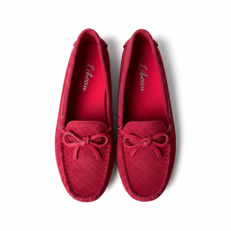Red Berry Mokassin – Damen Loafer Rot Wildleder Schleife Flach
