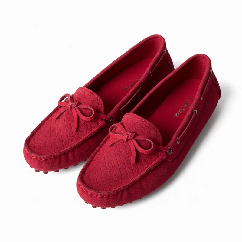 Red Berry Mokassin – Damen Loafer Rot Wildleder Schleife Flach