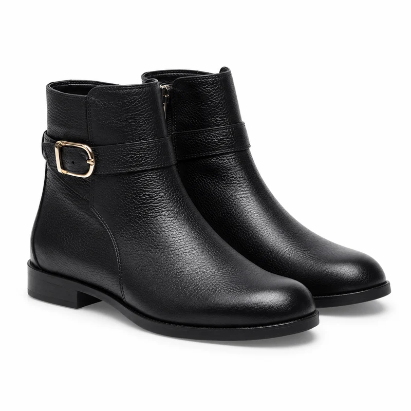 Chelsea Nero Boots – Damen Chelsea Boots Schwarz Leder Golddekoschnalle Klassisch