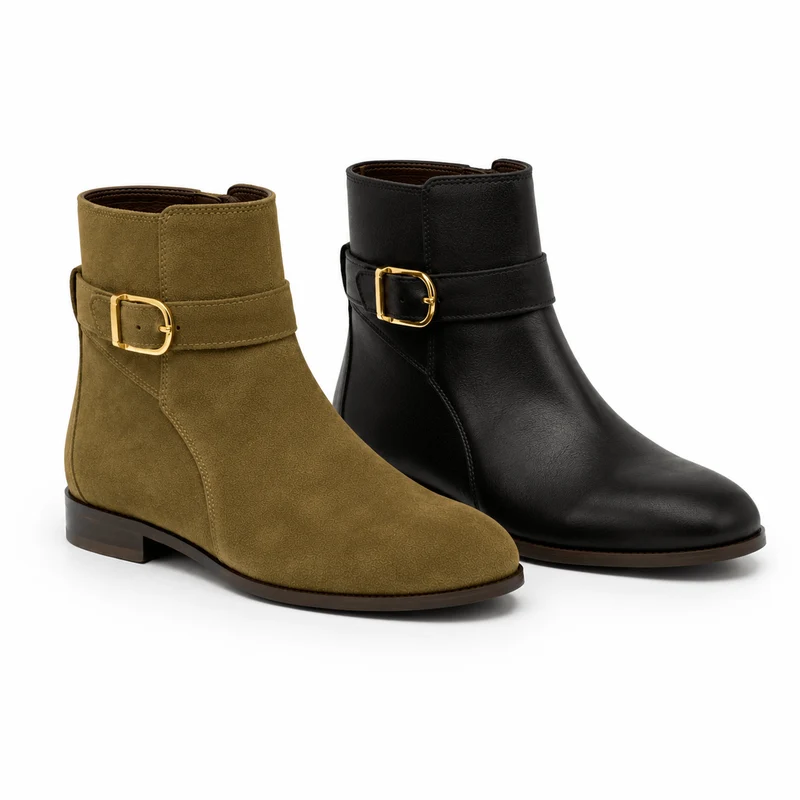 Chelsea Khaki Boots – Damen Chelsea Boots Khaki Wildleder Golddekoschnalle Klassisch