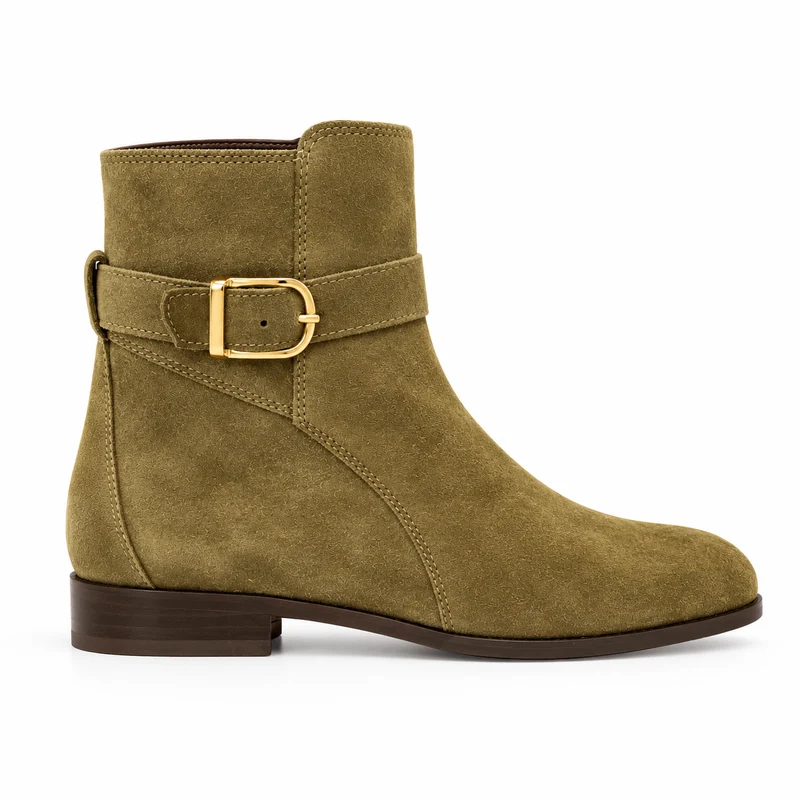 Chelsea Khaki Boots – Damen Chelsea Boots Khaki Wildleder Golddekoschnalle Klassisch