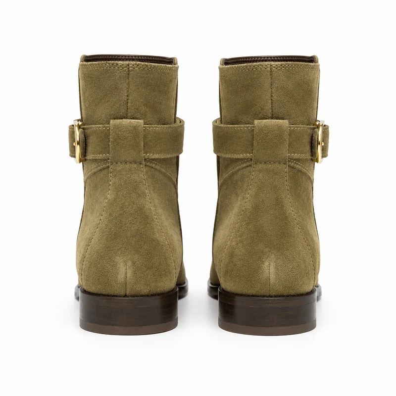 Chelsea Khaki Boots – Damen Chelsea Boots Khaki Wildleder Golddekoschnalle Klassisch
