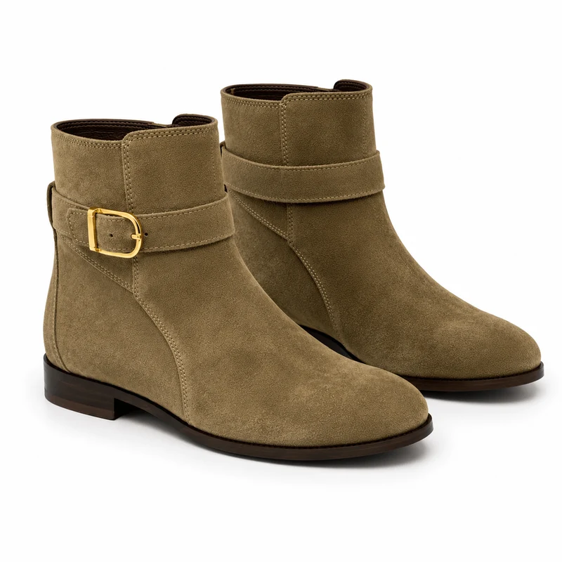 Chelsea Khaki Boots – Damen Chelsea Boots Khaki Wildleder Golddekoschnalle Klassisch