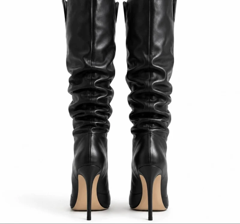 Leslie Boots – Damen Overknee Stiefel Schwarz Leder 10 cm Absatz Verführerisch