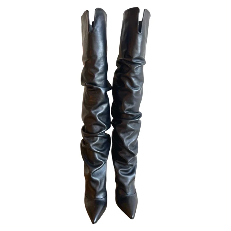 Leslie Boots – Damen Overknee Stiefel Schwarz Leder 10 cm Absatz Verführerisch