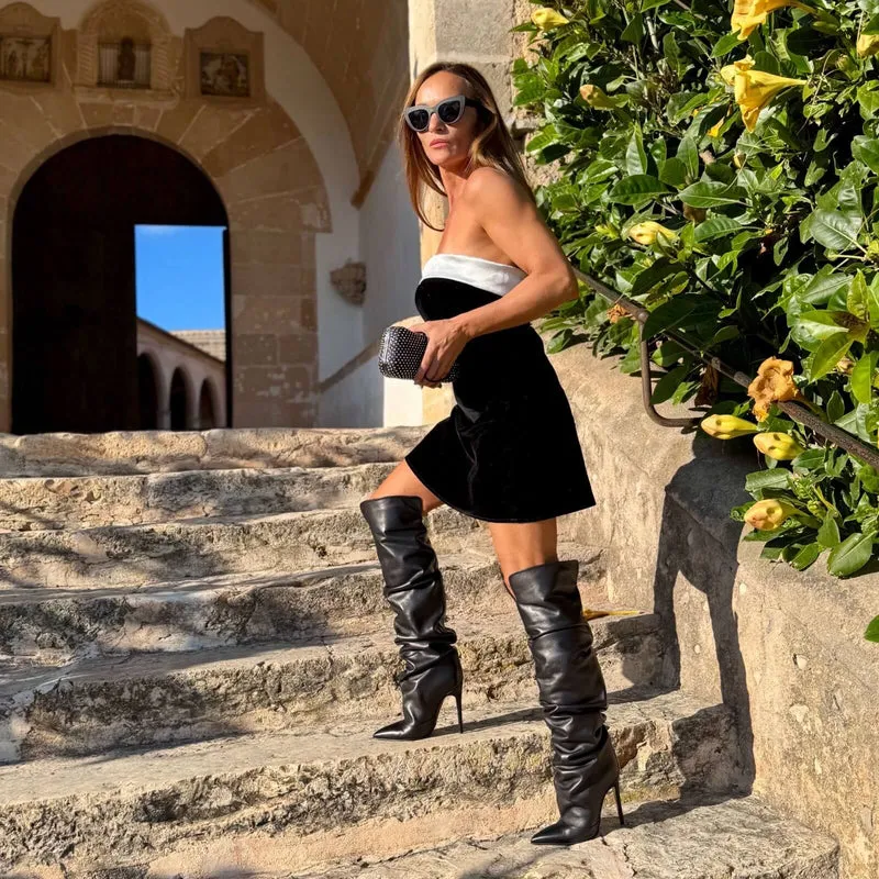 Leslie Boots – Damen Overknee Stiefel Schwarz Leder 10 cm Absatz Verführerisch