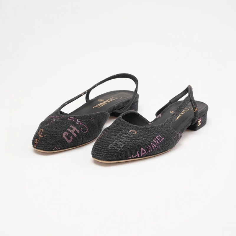 Chanel Black Denim Slingback Mademoiselle Coco Flat Größe 38
