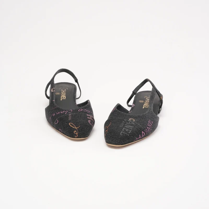 Chanel Black Denim Slingback Mademoiselle Coco Flat Größe 38