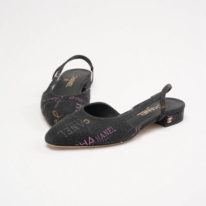 Chanel Black Denim Slingback Mademoiselle Coco Flat Größe 38