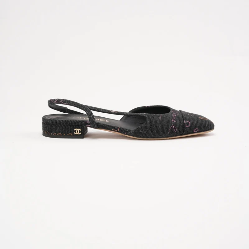 Chanel Black Denim Slingback Mademoiselle Coco Flat Größe 38