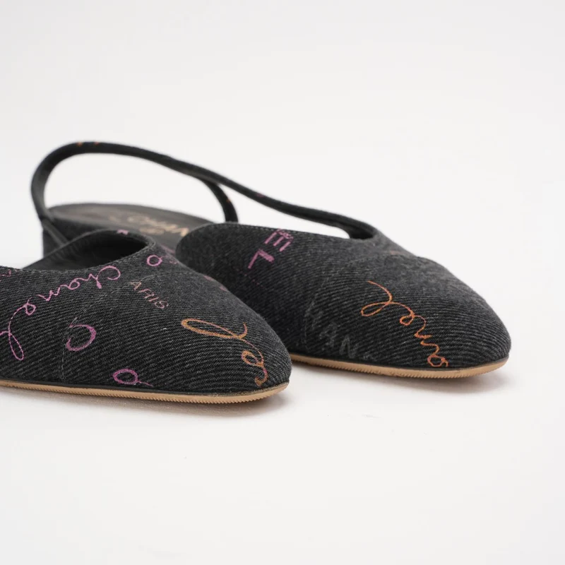 Chanel Black Denim Slingback Mademoiselle Coco Flat Größe 38