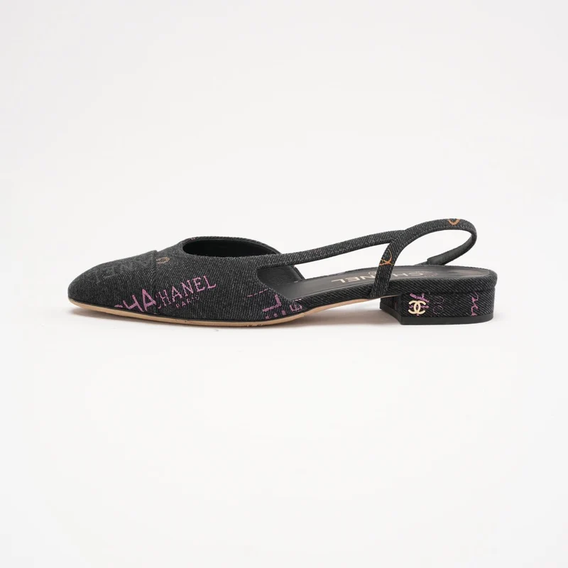 Chanel Black Denim Slingback Mademoiselle Coco Flat Größe 38
